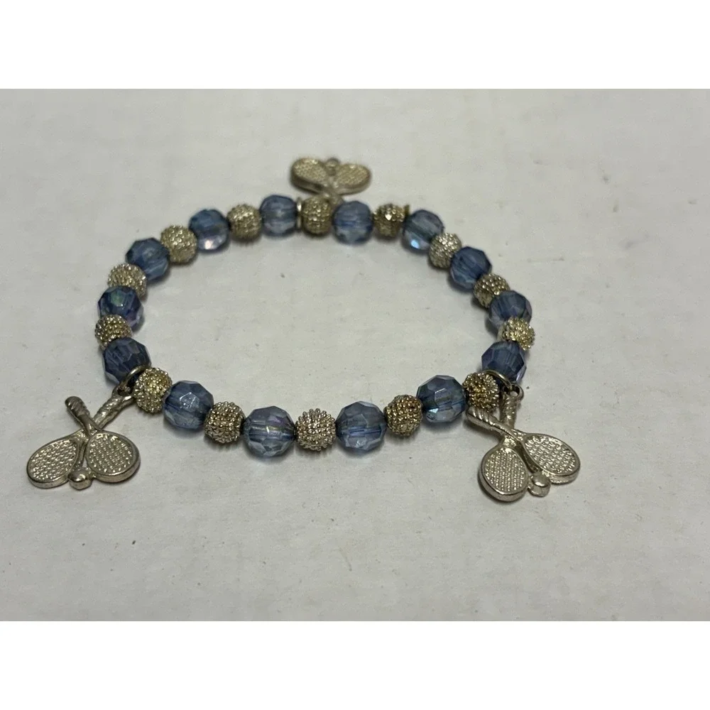 Bracelet Silver Tone Tennis raquets‎ charms blue stretchy